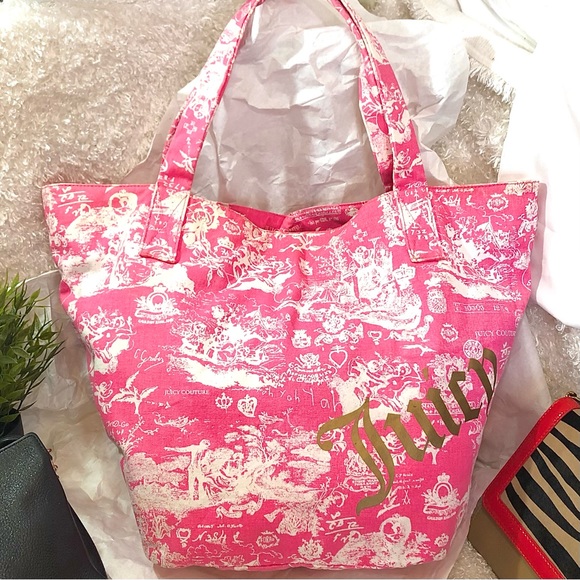 Extra Large Juicy Couture Cotton Canvas pink white tote bag beach y2k weekender - Picture 3 of 8